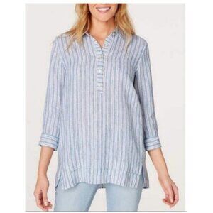 J. Jill Blue Stripe 3/4 Sleeve Popover 100% Linen Tunic XL Top Blouse Spring